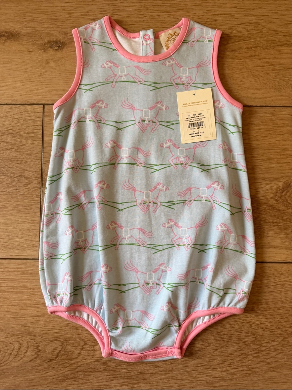 The Beaufort Bonnet Company Light Blue and Pink Horse Print One-Piece